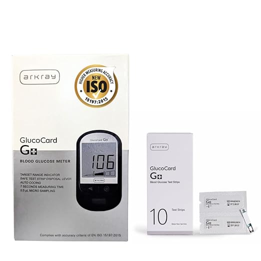 ARKRAY GlucoCard G+ Blood Glucose Meter with 10 Test Strips | ISO 15197:2015 Certified | Fast & Accurate Sugar Testing | Auto Coding