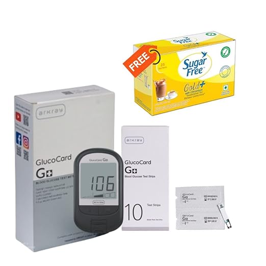 ARKRAY Glucocard G+ Blood Glucose Monitor with 10 Test Strips | Free Sugar Free Gold, 25 Sachet India’s No.1 Sweetner | Accurate & Easy Diabetes Monitoring