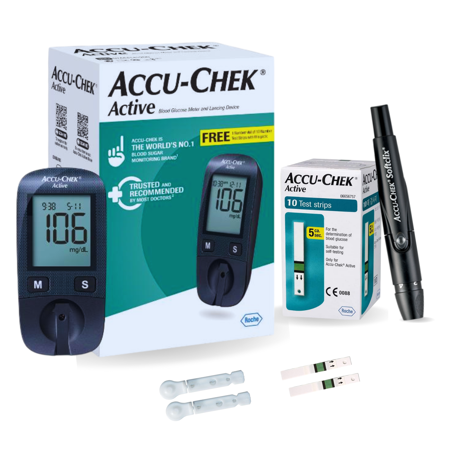 Accu-Chek Active Blood Glucose Glucometer Kit with 10 Strips, 10 Lancets And A Lancing Device Free For Accurate Blood Sugar Testing