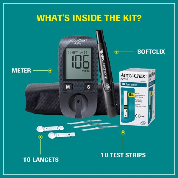 Accu-Chek Active Blood Glucose Glucometer Kit with 10 Strips, 10 Lancets And A Lancing Device Free For Accurate Blood Sugar Testing