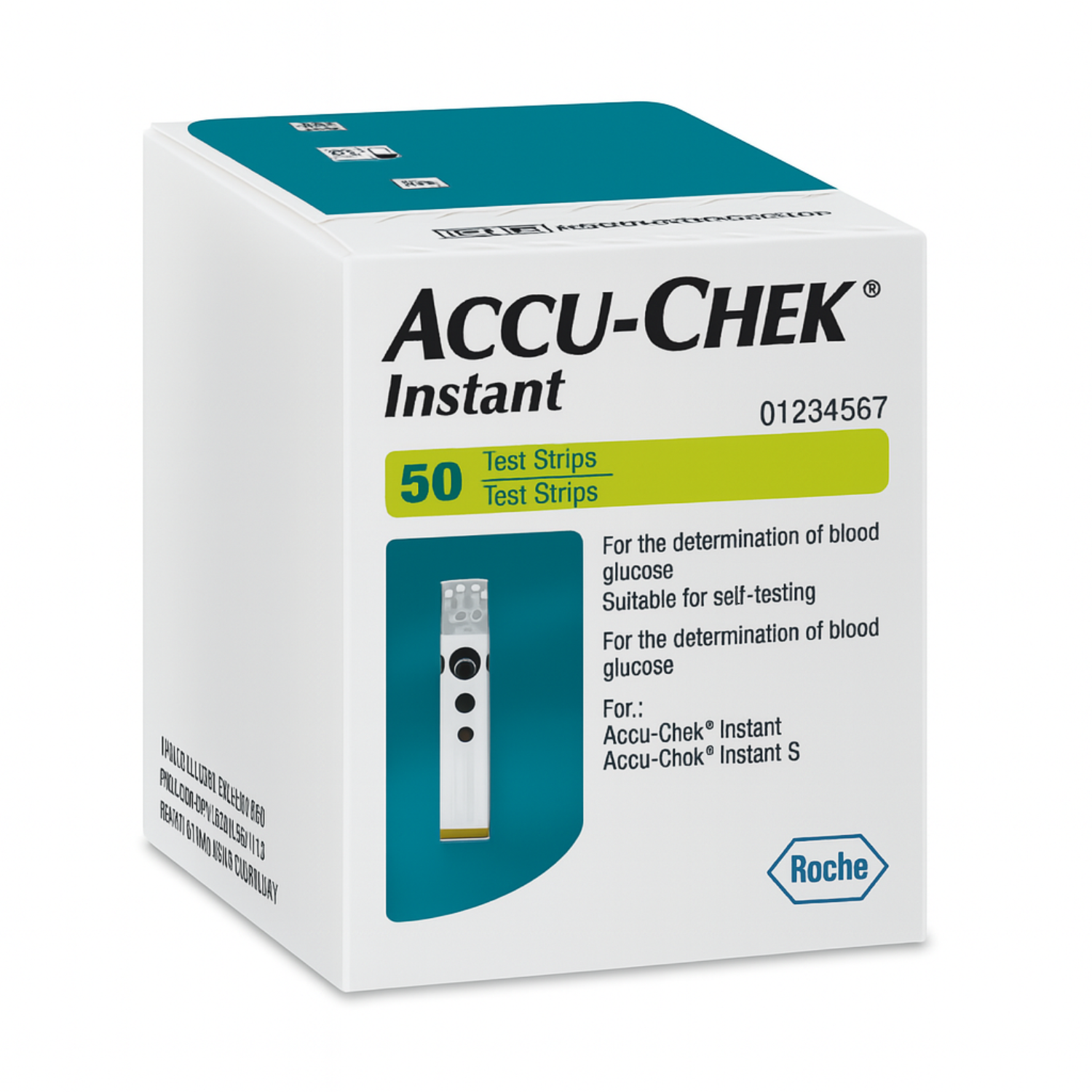 Box of Accu-Chek Instant test strips with branding on a white background