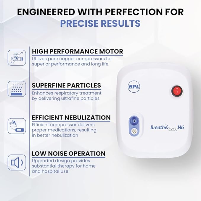 BPL Breathe Ezee N6 Nebulizer Machine | Low Noise Compressor Kit for Adults & Kids | Portable Steam Inhaler for Respiratory Relief – White