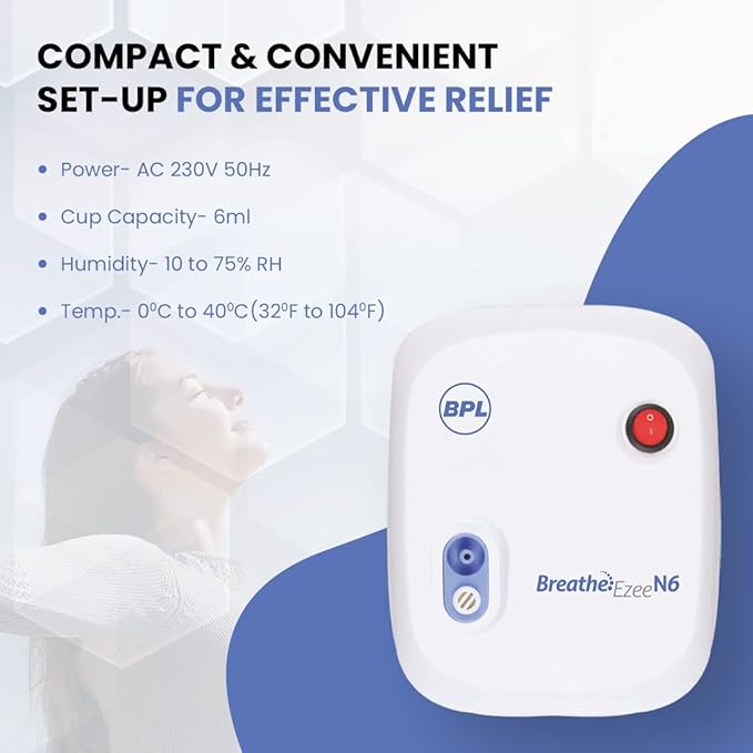 BPL Breathe Ezee N6 Nebulizer Machine | Low Noise Compressor Kit for Adults & Kids | Portable Steam Inhaler for Respiratory Relief – White