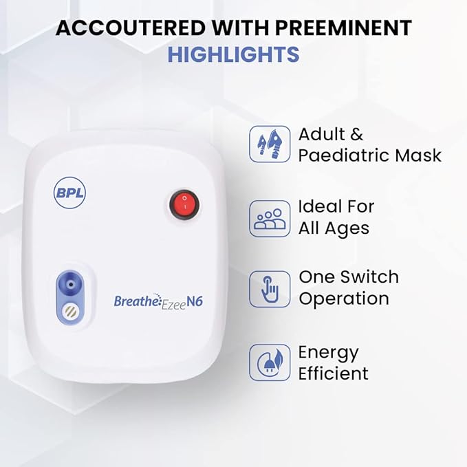 BPL Breathe Ezee N6 Nebulizer Machine | Low Noise Compressor Kit for Adults & Kids | Portable Steam Inhaler for Respiratory Relief – White