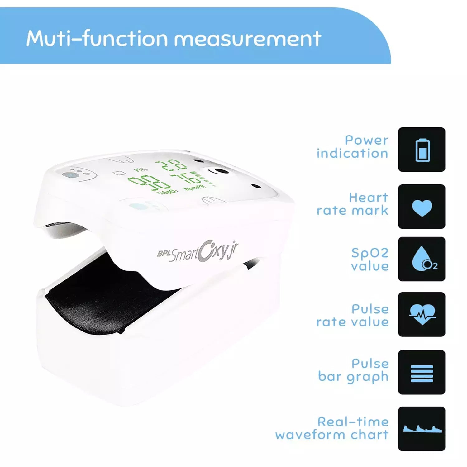 BPL Smart Oxy Junior Pulse Oximeter for Kids | High Accuracy SpO2, Heart Rate & Perfusion Index Monitor with OLED Display – Age 3–12 Years – White