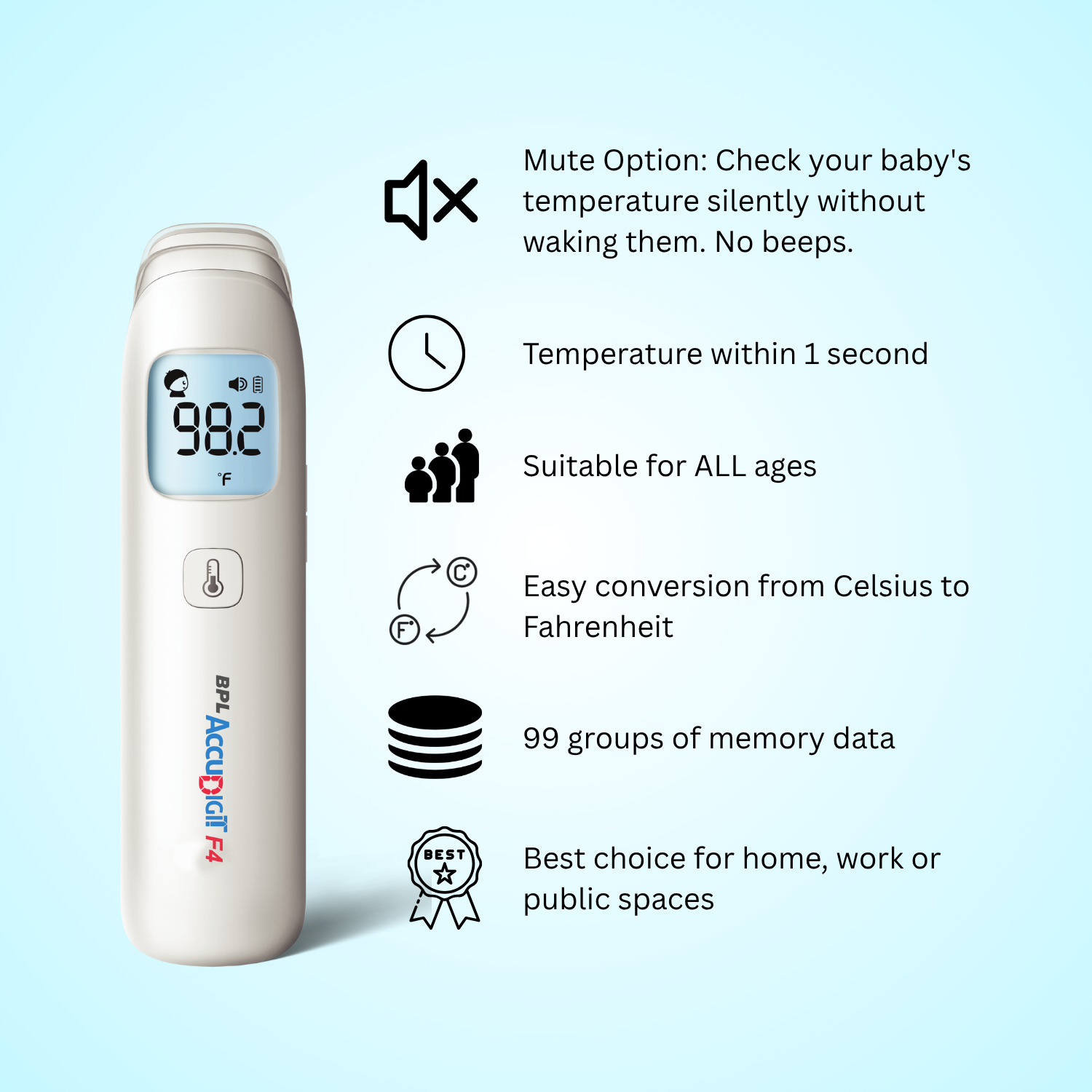 BPL Accudigit F4 Non-Contact Infrared Thermometer | Fast & Accurate Forehead Thermometer for Adults & Kids – White