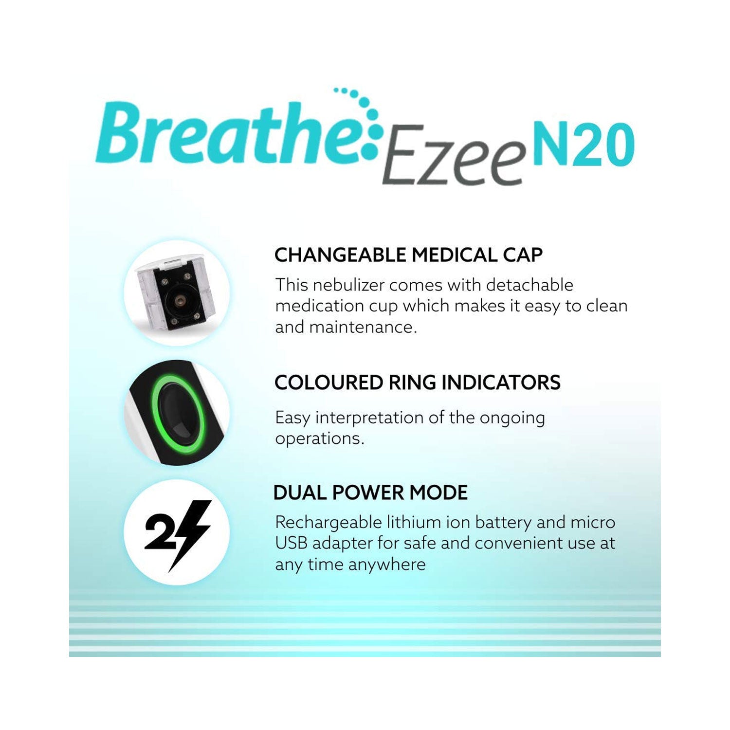 Breathe Ezee N20 nebulizer with features listed on a light blue background