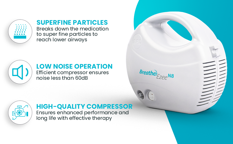 BPL Breathe Ezee N8 Nebulizer Machine | Low Noise Compressor with Adult & Kids Masks - White