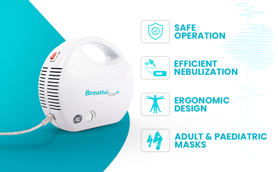 BPL Breathe Ezee N8 Nebulizer Machine | Low Noise Compressor with Adult & Kids Masks - White