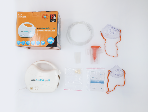 BPL Breathe Ezee N8 Nebulizer Machine | Low Noise Compressor with Adult & Kids Masks - White