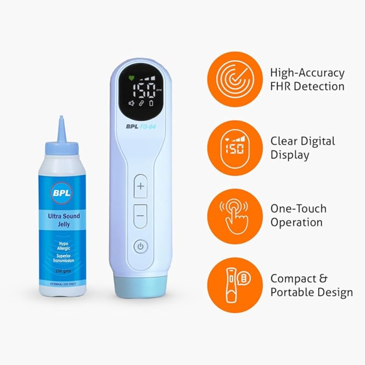 BPL Medical Technologies FD-04 Fetal Doppler with Ultrasound Gel | Pulse Wave Technology | Heartbeat Detection Machine for Home and Clinic Use - White