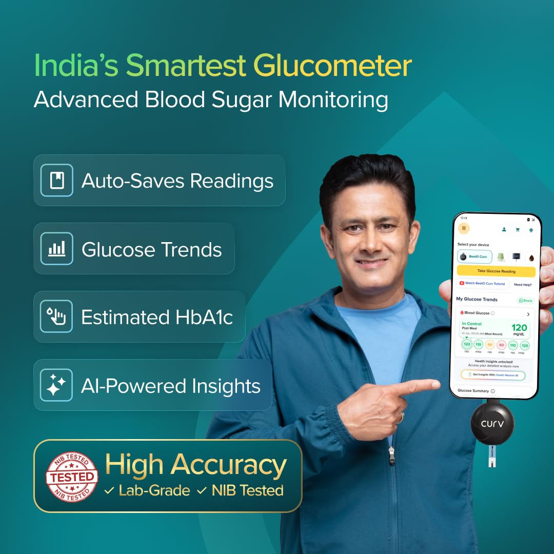 BeatO CURV Smartphone Connected Glucometer with 25 Test Strips & 25 Lancets | Type-C USB | Android Only | ISO Certified | Made in India