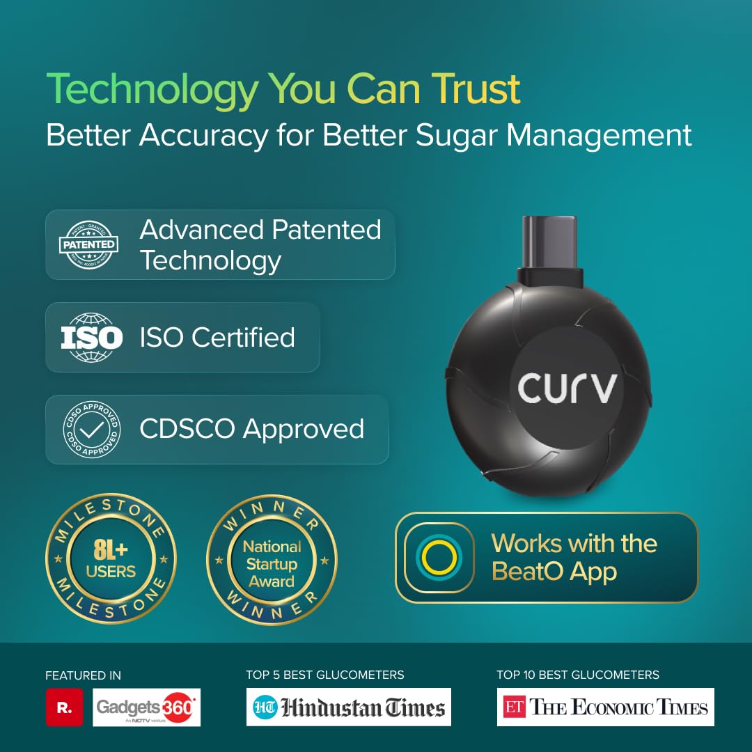 BeatO CURV Smartphone Connected Glucometer with 25 Test Strips & 25 Lancets | Type-C USB | Android Only | ISO Certified | Made in India