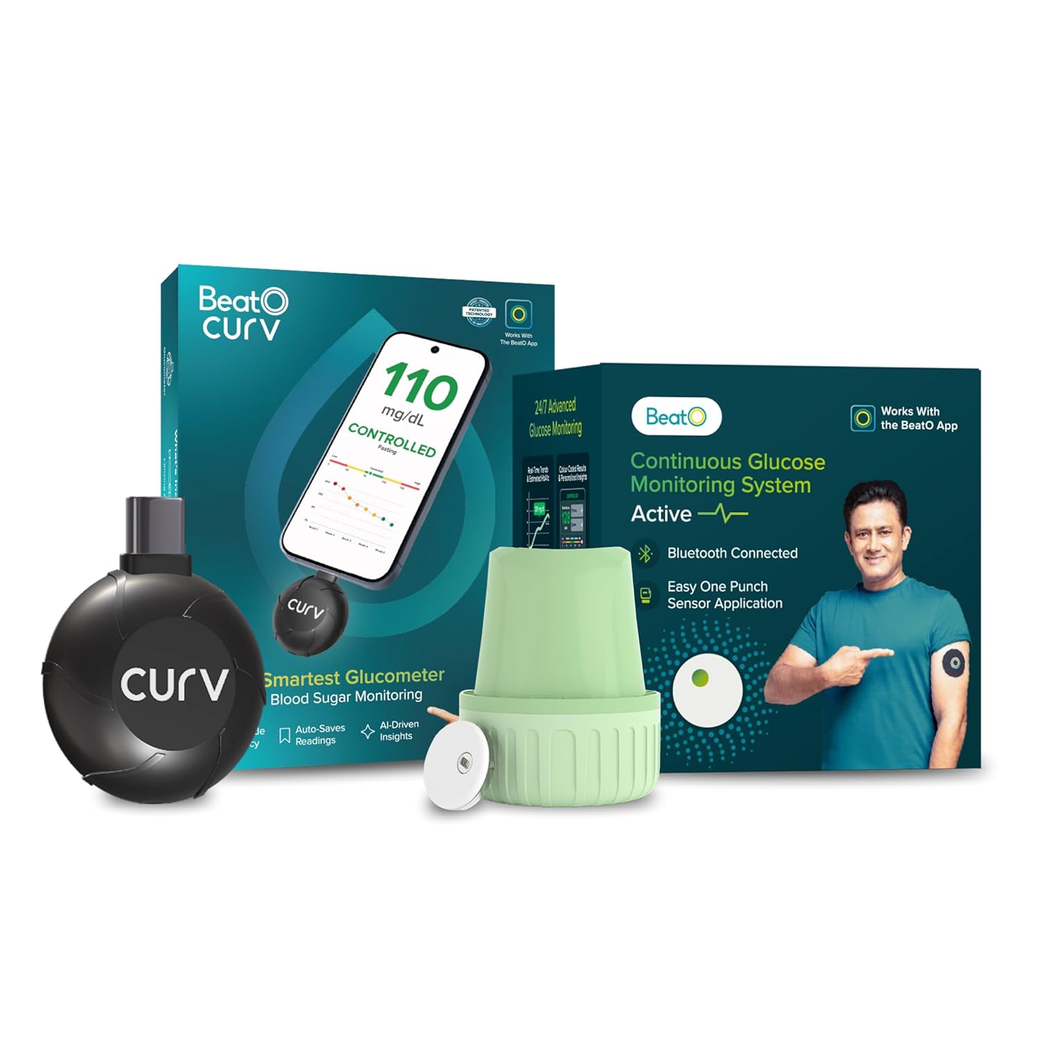 BeatO CURV Smartphone Connected Glucometer + CGM Continuous Glucose Monitor | Android Type-C | Real-Time Sugar Monitoring | ISO Certified | Made in India