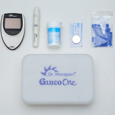 Dr. Morepen GlucoOne device with accessories on a white background
