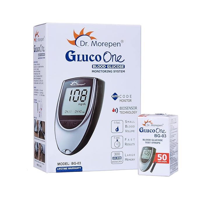 Dr. Morepen BG-03 Gluco One Glucometer Combo - (Glucometer, Lancing Device, 10 Lancet) and strips
