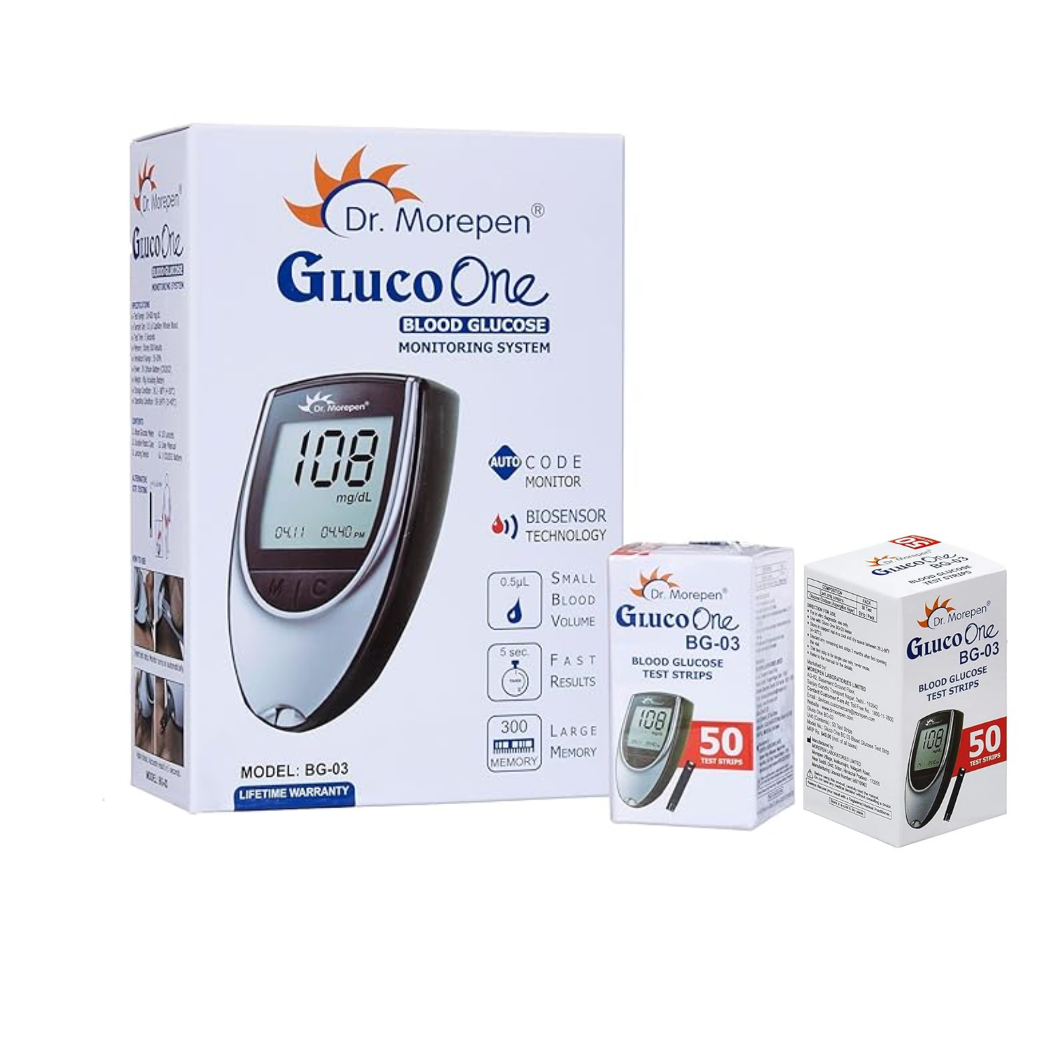 Dr. Morepen BG-03 Gluco One Glucometer Combo - (Glucometer, Lancing Device, 10 Lancet) and strips