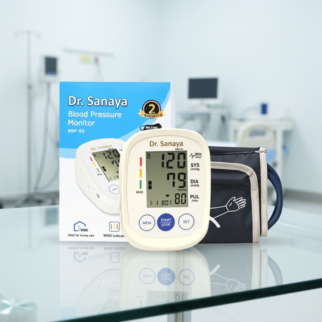 Dr. Sanaya blood pressure monitor with packaging on a reflective surface