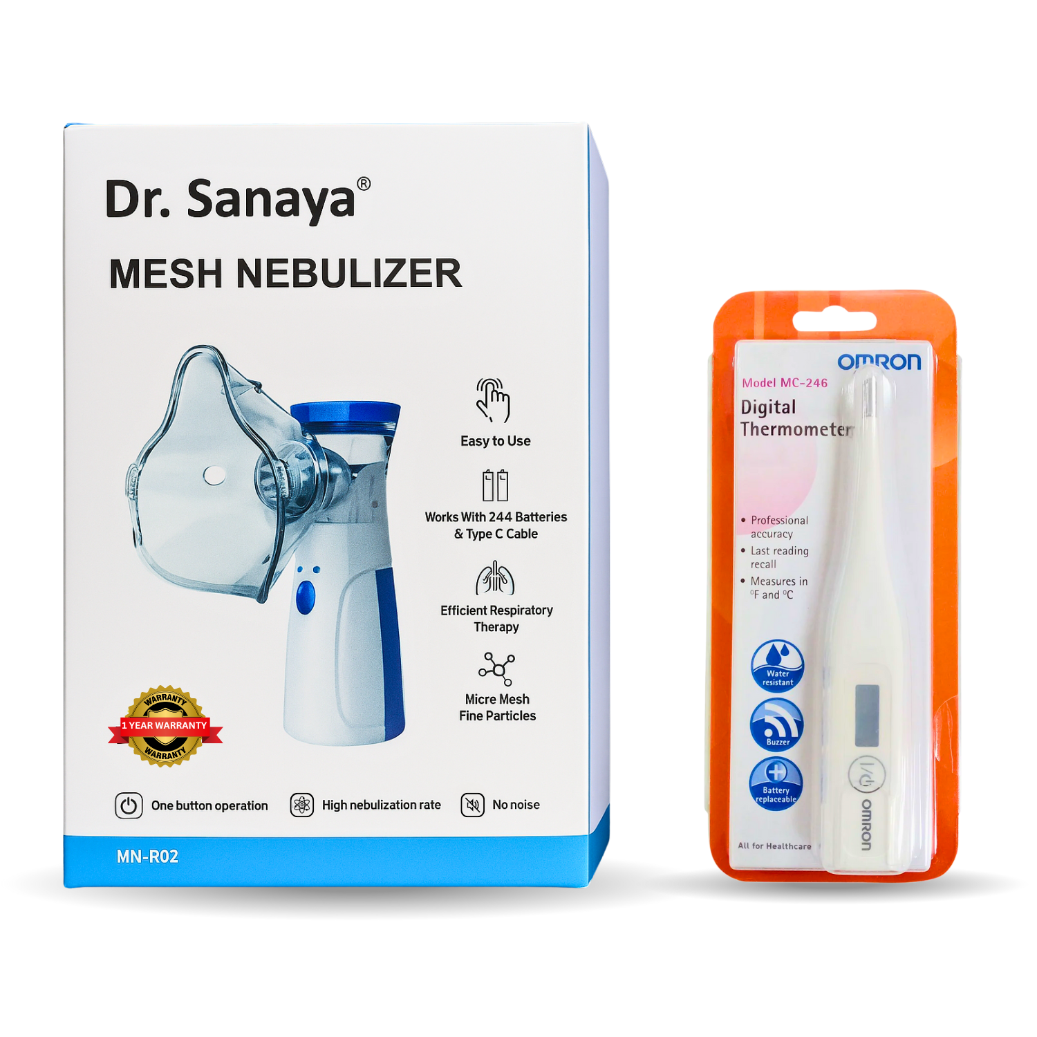Dr. Sanaya Mesh Nebulizer Portable & Silent + Omron MC-246 Digital Thermometer Combo Asthma & Fever Relief Kit