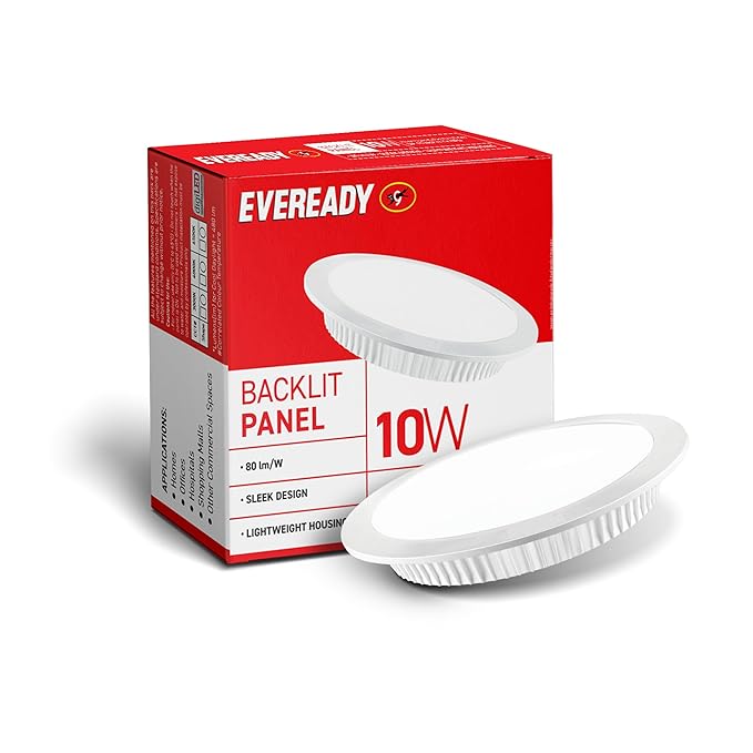 Eveready 10w backlit panel packaging with a white backlit panel on a white background