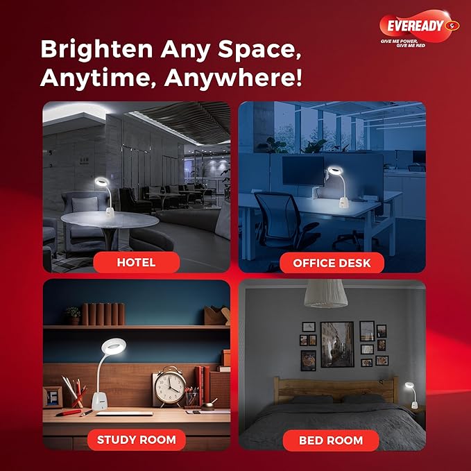 Eveready advertisement showcasing the versatility of a lamp in different indoor settings.