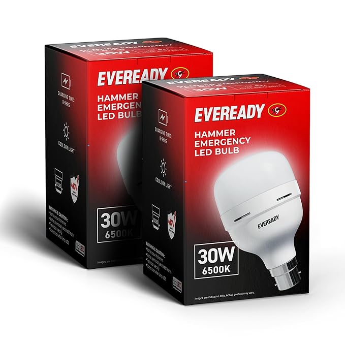 Two boxes of Eveready Hammer Emergency LED Bulbs on a white background