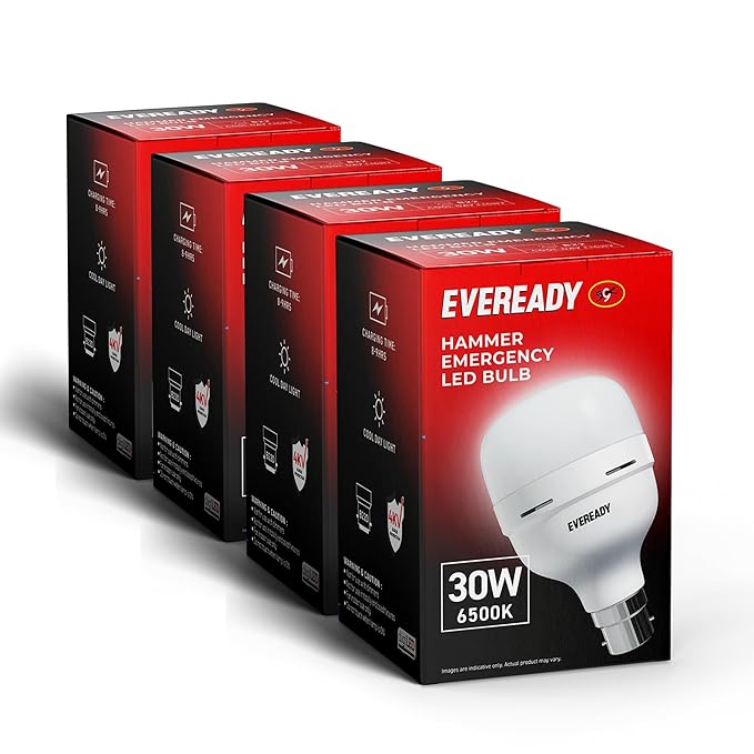 4 boxes of Eveready Hammer Emergency LED Bulb packaging on a white background