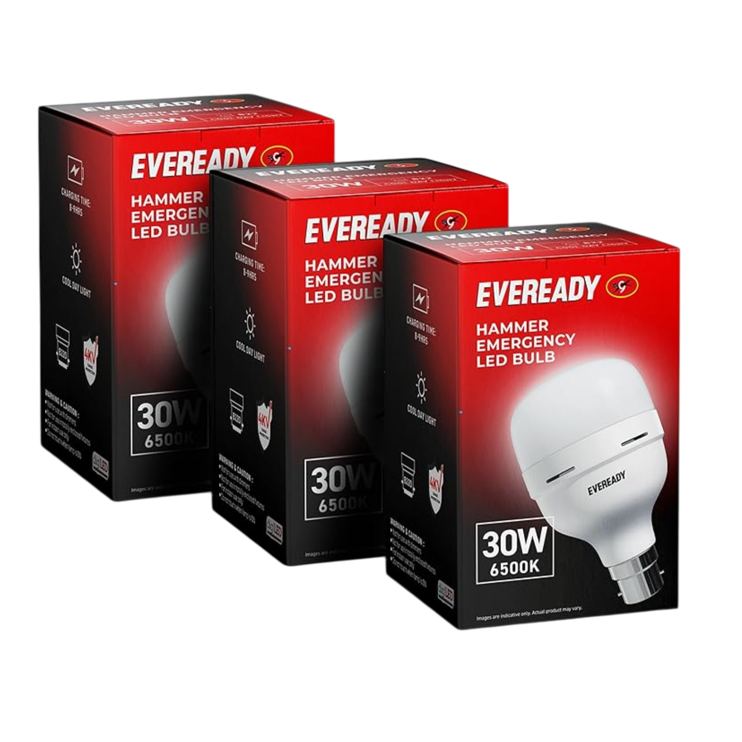 Three boxes of Eveready Hammer Emergency LED Bulbs on a white background