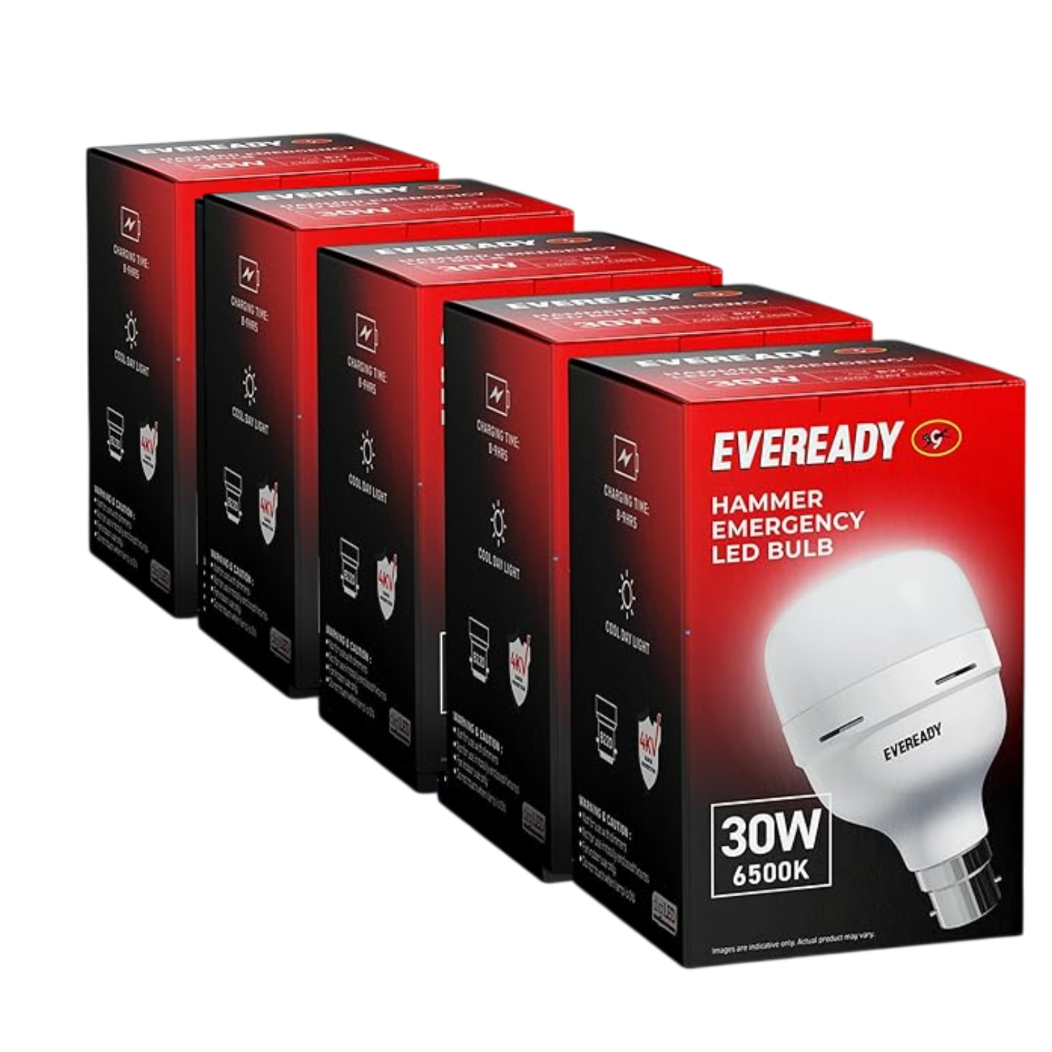 5 boxes of Eveready Hammer Emergency LED Bulb on a white background