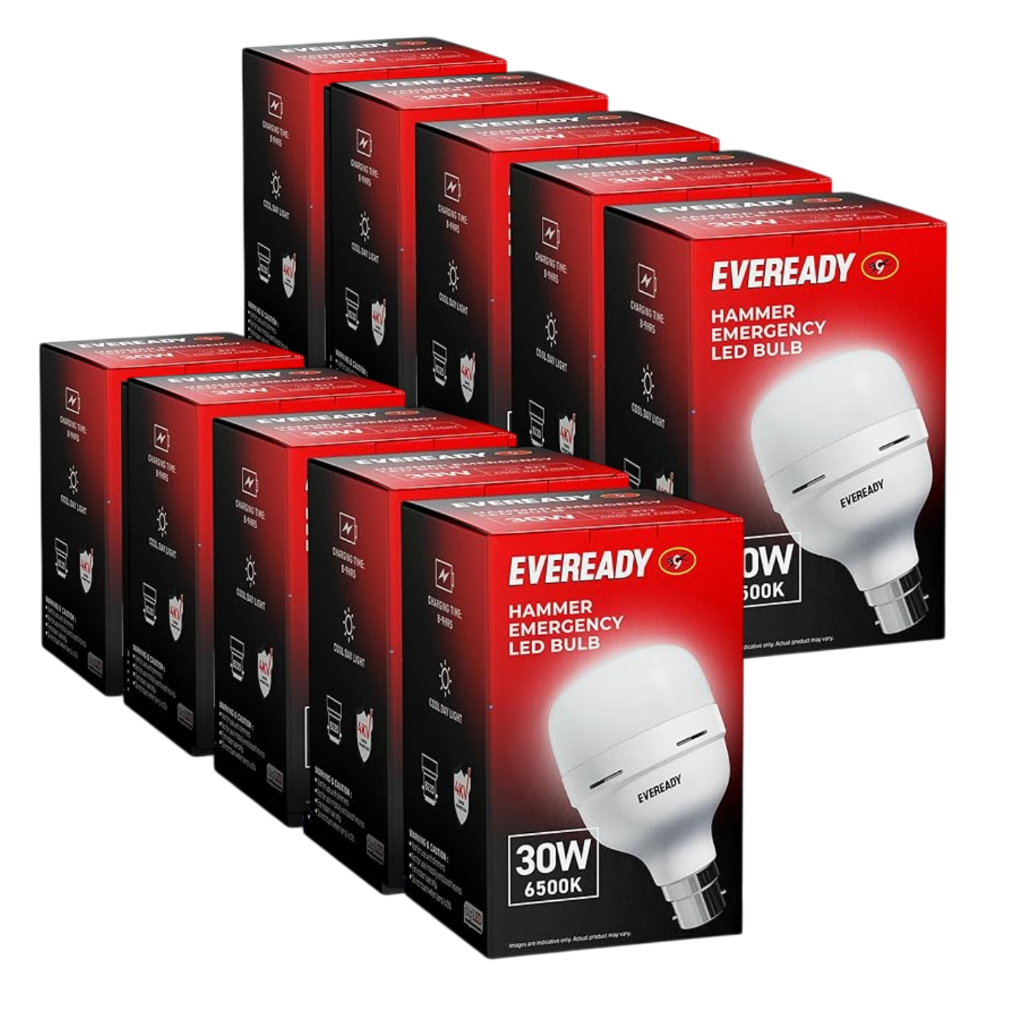 10 boxes of Eveready Hammer Emergency LED Bulbs on a white background