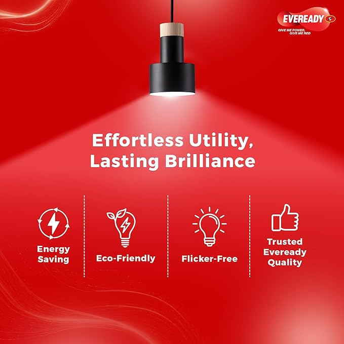 Eveready light bulb with features on a red background