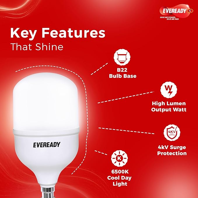 Eveready LED bulb with key features highlighted on a red background