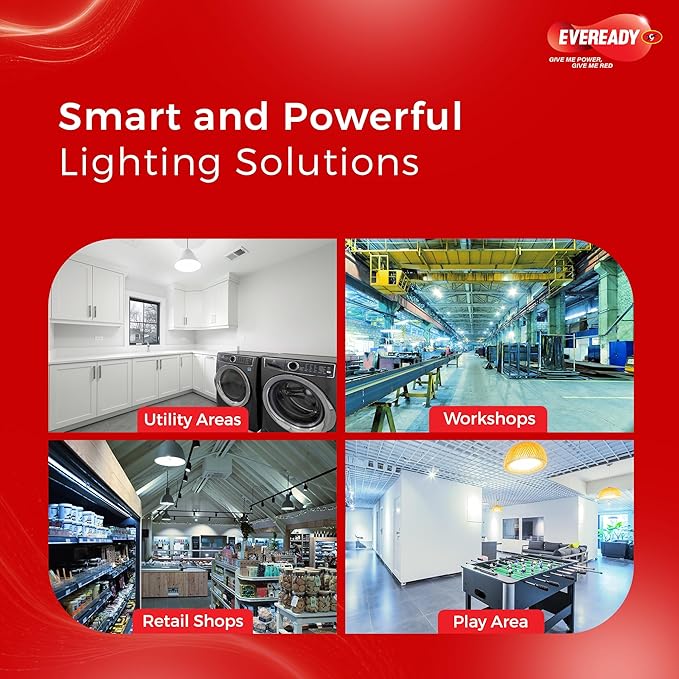 Advertisement for Eveready lighting solutions showing applications in utility areas, workshops, retail shops, and a play area.