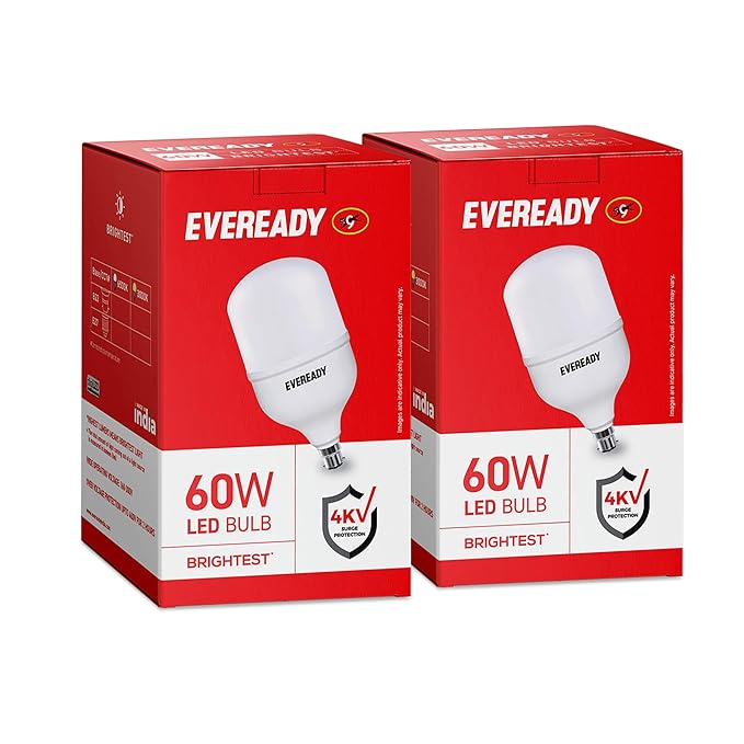 Two boxes of Eveready 60W LED bulbs on a white background