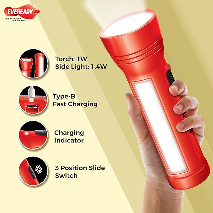 Eveready Apollo DL20 flashlight held by a hand with features listed on a yellow background