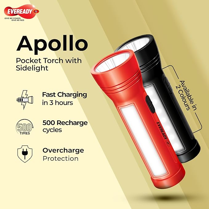 Red and black Eveready Apollo pocket torches with sidelight on a beige background
