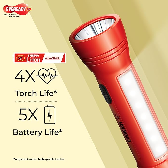 Eveready Apollo DL20 flashlight on a beige background with product features highlighted.