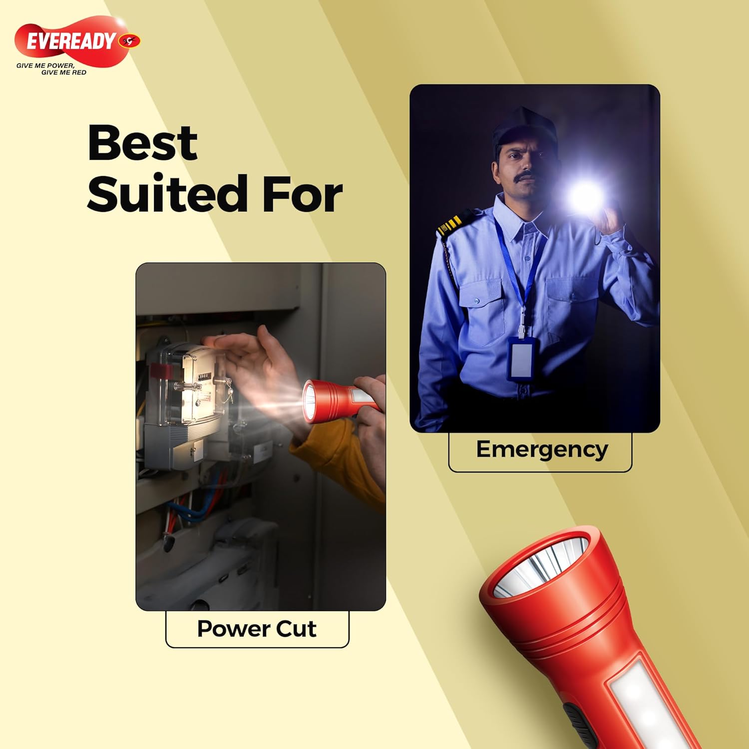 Eveready Apollo DL20 flashlight advertisement with a person using it during an emergency and another scene showing a power cut.