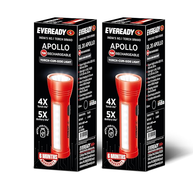 Two boxes of Eveready Apollo DL20 rechargeable torches on a white background