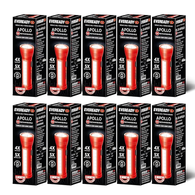 Ten boxes of Eveready Apollo DL20 rechargeable torches on a white background