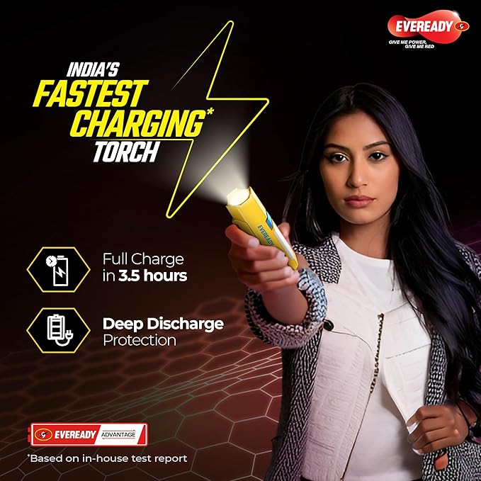 Eveready DL101 Minimight, Rechargeable 1W LED Torch with 2W Emergency Side Light, Pocket-Friendly Hexagonal Design, Hands-Free Clip, USB Charging