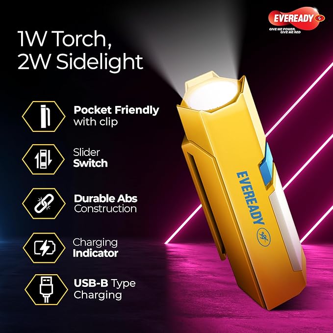 Eveready DL101 Minimight, Rechargeable 1W LED Torch with 2W Emergency Side Light, Pocket-Friendly Hexagonal Design, Hands-Free Clip, USB Charging
