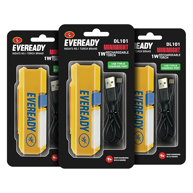 Three packages of Eveready flashlights with USB cables on a white background