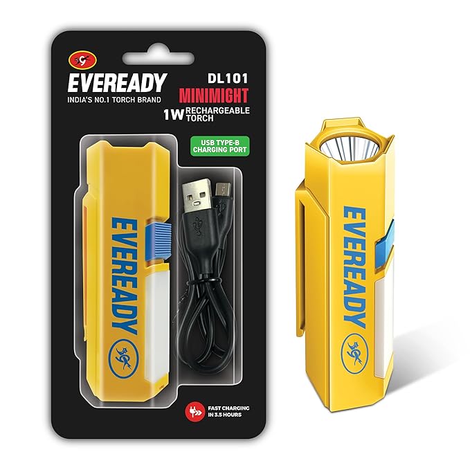 Eveready Minimight rechargeable torch in packaging with USB cable on a white background