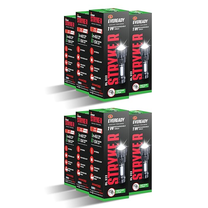 Eight boxes of Eveready Stryker flashlights on a white background