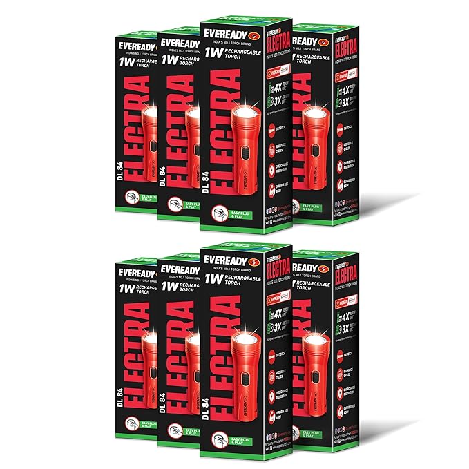 Eveready DL84 Electra | Rechargeable Emergency Torch | Durable ABS Body | Plug & Play Charging | SLA Battery | Overcharge Protection