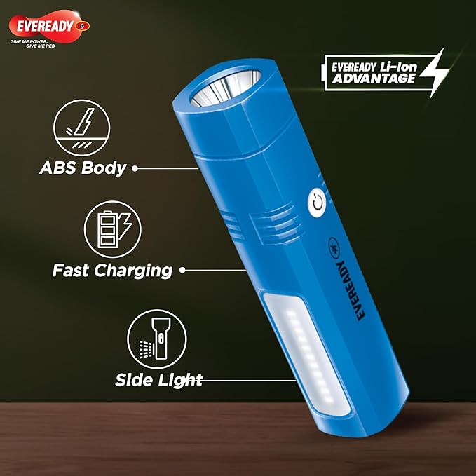 Blue flashlight with Eveready branding on a dark background