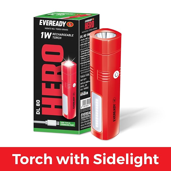 Red Eveready Hero torch with sidelight and packaging on a white background