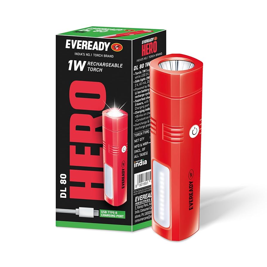 Eveready Hero DL80 rechargeable torch with Eveready branding and packaging on a white background