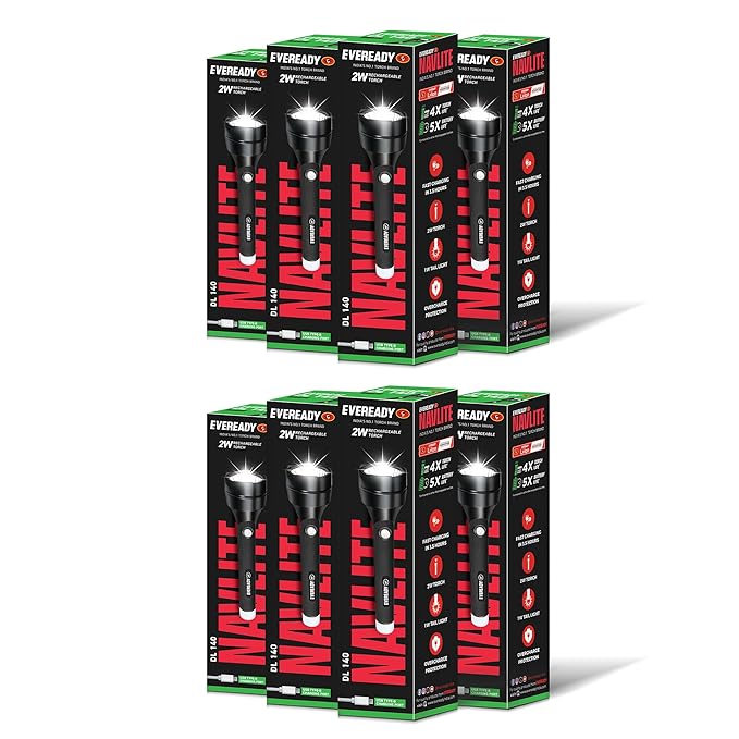 Eight boxes of Eveready Navlite flashlights on a white background